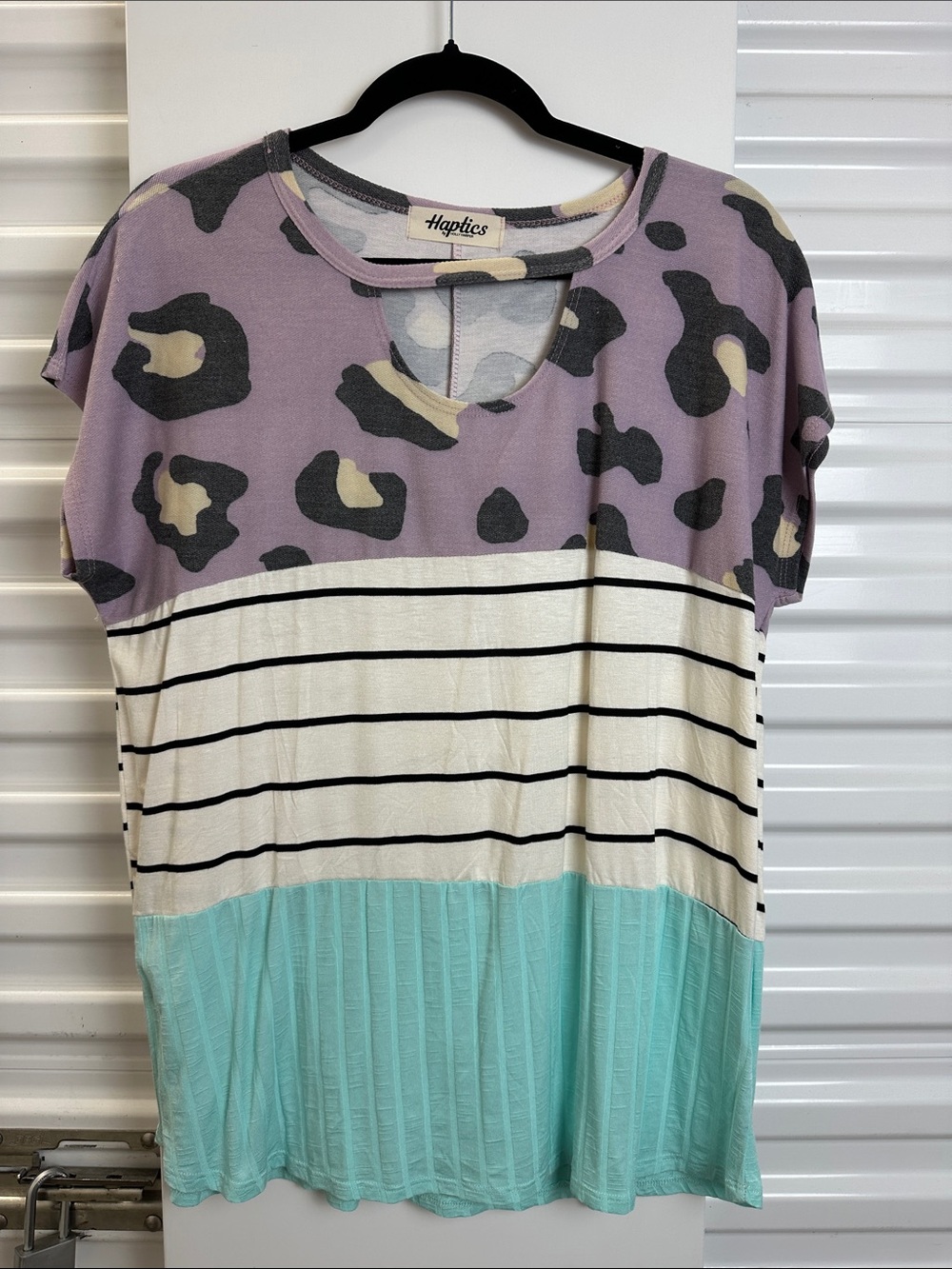 Haptics Lavender Leopard Stripe Colorblock Short Sleeve Tee